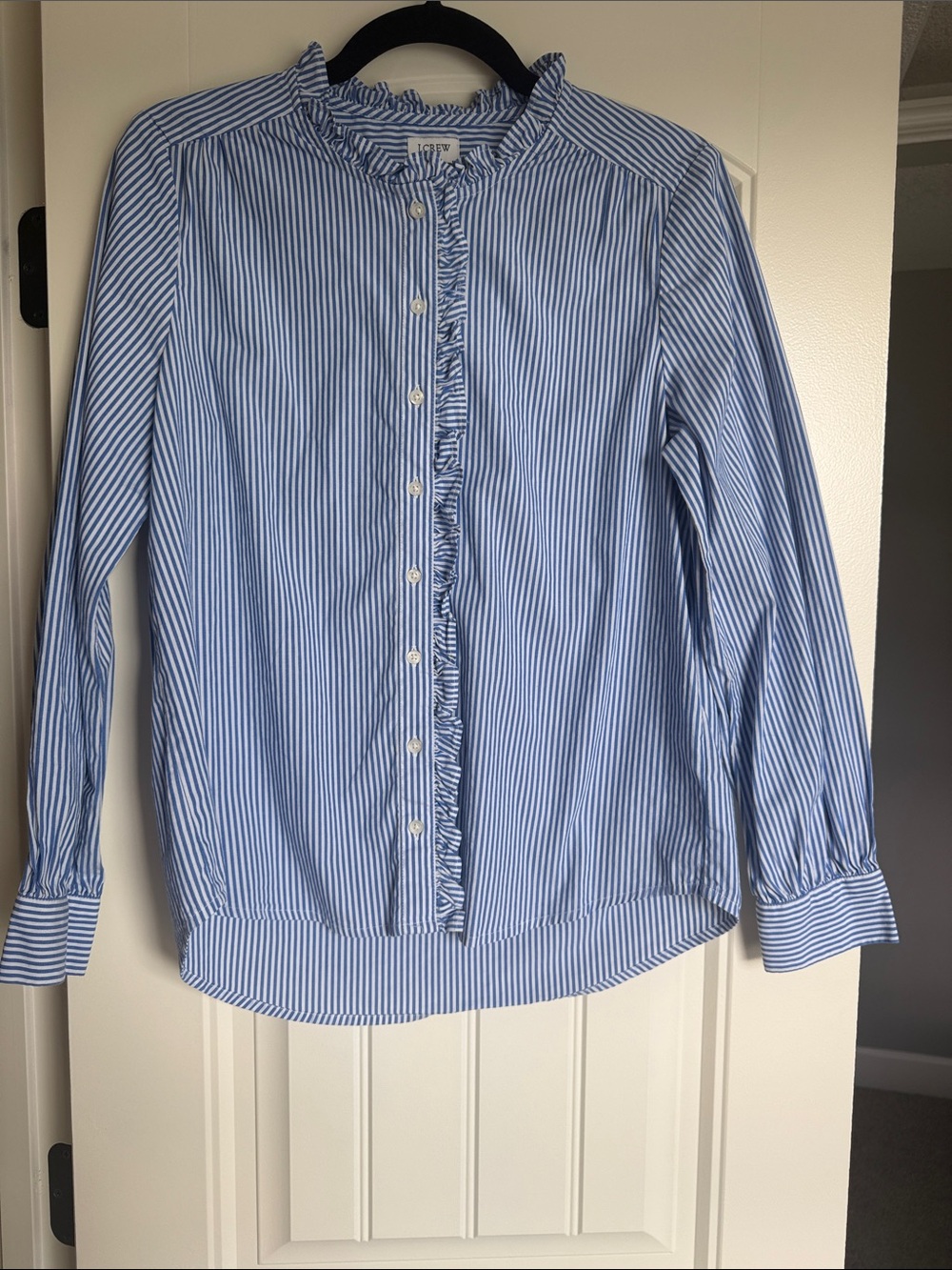 J. Crew Light Blue & White Striped Ruffle-Trim Button-Down Shirt